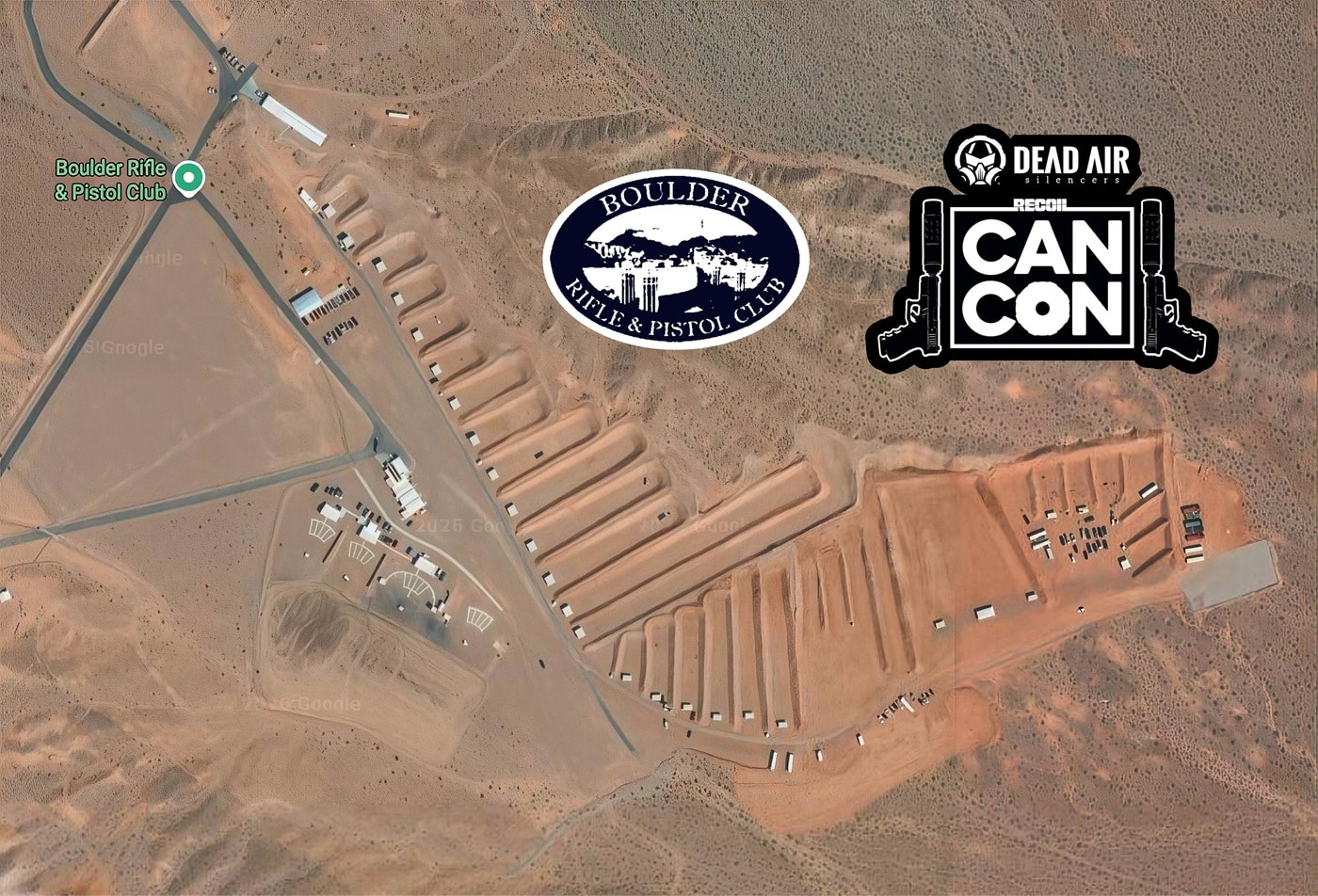 Aerial view of Boulder Rifle and Pistol Club with CANCON and Dead Air Silencers presenting sponsor branding